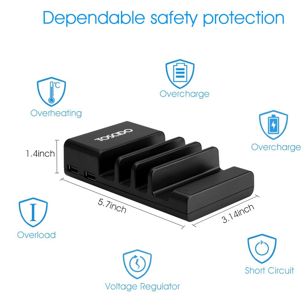 Estación De Carga USB-TOSCiDO 4 Puertos Soporte de Carga Multi Carga Inteligente Incluido El Cable De Carga Rápida 3 En 1 Para iPhone,iPad, Samsung, Smartphones, Tablets