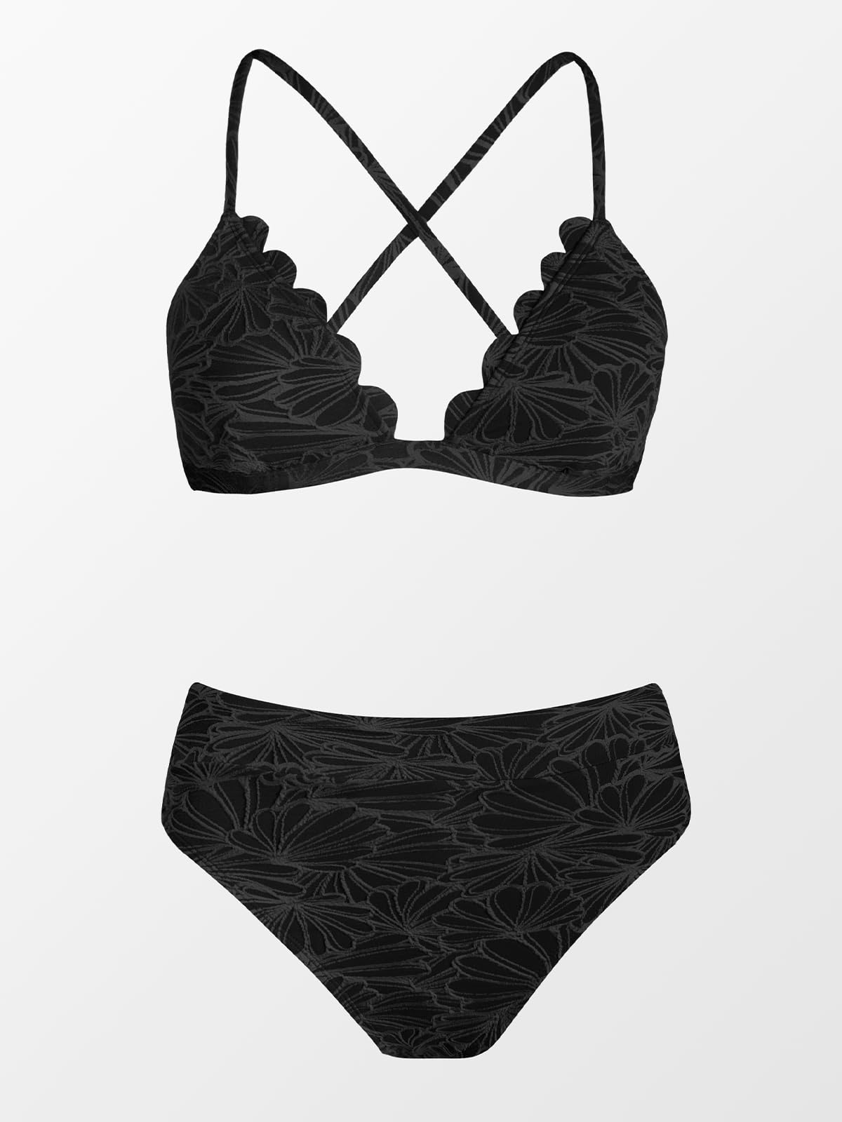 CUPSHE Bikini Set for Women Bathing Suit High Waisted Scalloped V Neck Two Pieces Swimsuit, M Black - Image 4