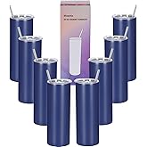 Wzaytia 8 Pack 20 Oz Stainless Steel Straight Skinny Tumblers, Insulated Slim Thin Travel Cup Set for DIY, Navy