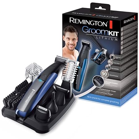 Remington GroomKit Lithium PG6160, Stylingset für Gesichts- und Körperhaare, 5 abnehmbare Aufsteckköpfe, schwarz/blau