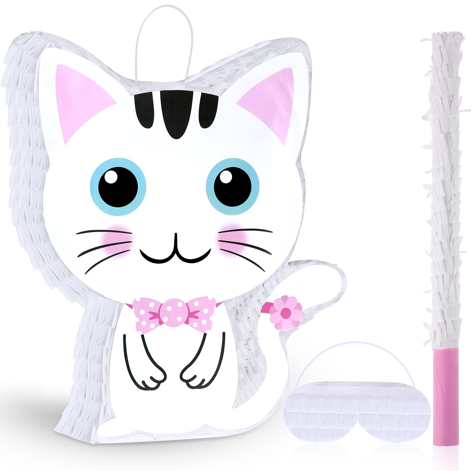 Photo 1 of Aoriher Cat Piñata with Blindfold and Bat, Cat Birthday Party Supplies Kitty Piñatas Pink and White for Party Favor Birthday Decorations, 14.2 x 12.8 x 3.2 Inch, Pink and White