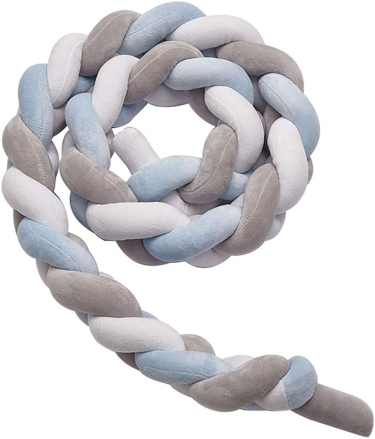 Baby Bumper, Queta Bed Snake Cot Bumper Weaving Edge Protection Head Protector Decoration for Crib Cot 200 cm (Gray + White + Blue)