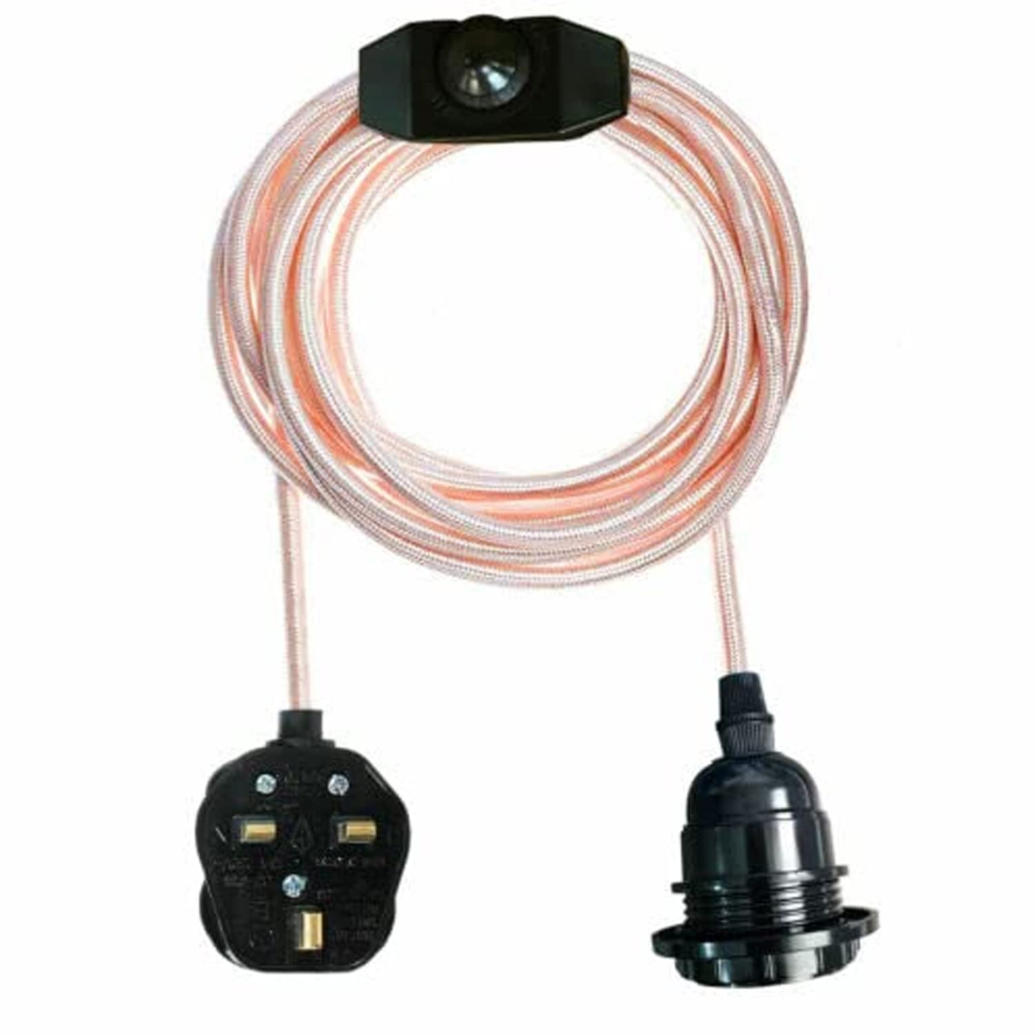 Retro Industrial E27 Plug in Pendant Light with Dimmer Switch, 2m Meter with in-Line On/Off Switch Fabric Flex Cable 3 Core with 60W Screw Lamp Holder Hanging Pendant Lighting UK (Rose Gold)