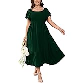 SCOMCHIC Women's Plus Size Maxi Dress Ruffle Sleeve Square Neck Smocked Flowy A-Line Wedding Guest Party Long Dresses