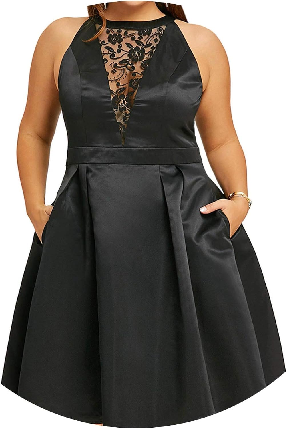 Lace Insert Sleeveless Swing Dresses 