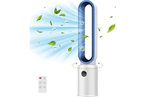 Cobuy Bladeless Tower Fan with Remote, Air Circulator Cooling Fan for Indoor Use, 24 Speeds Settings, 12 Timer, Quiet Oscillating Fan for Home Bedroom, White+Blue