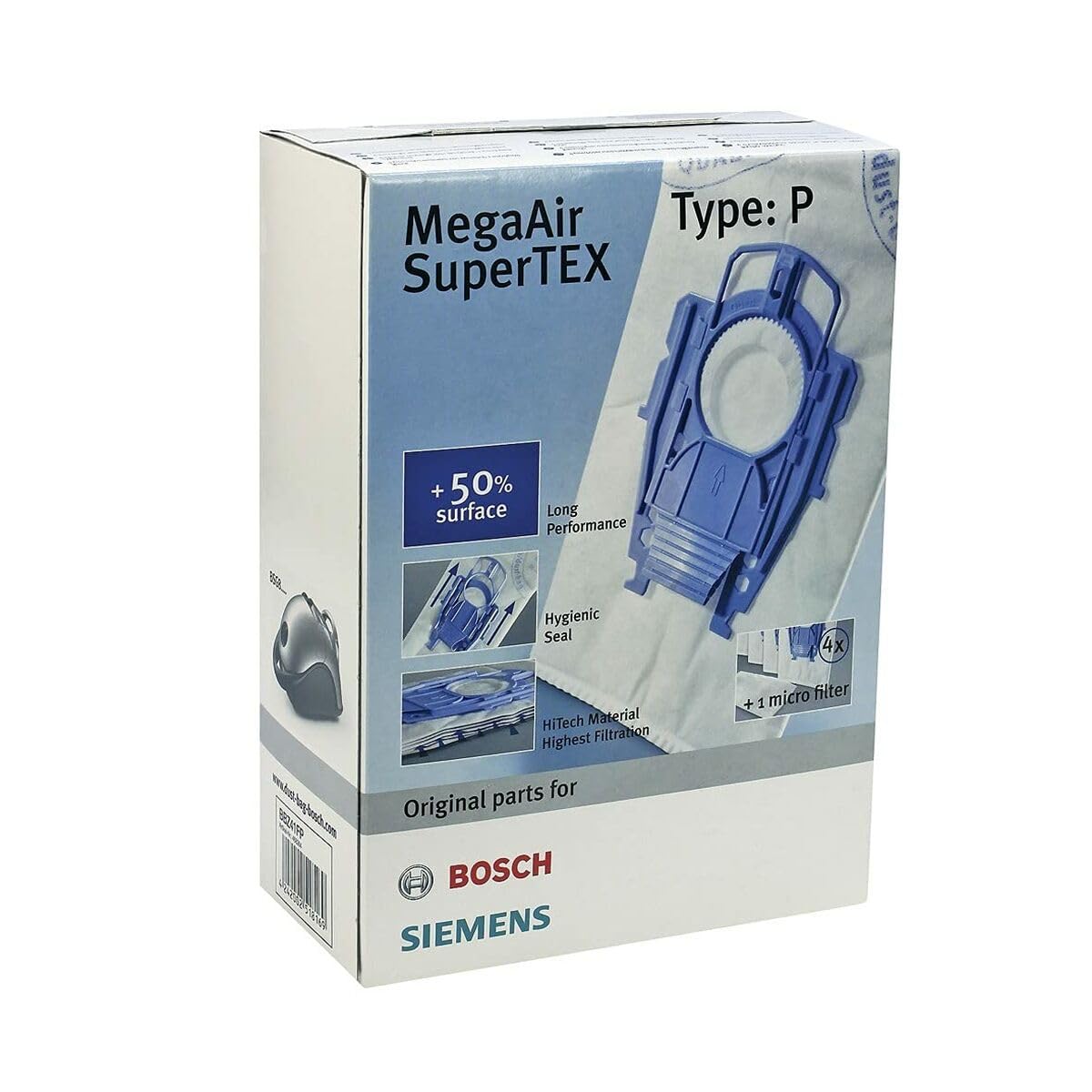 Bosch Megaair Super Tex Type P Vacuum Bag, Large 6 Litre Capacity, Pack of 4 and Includes A Micro Hygiene Filter for The Motor
