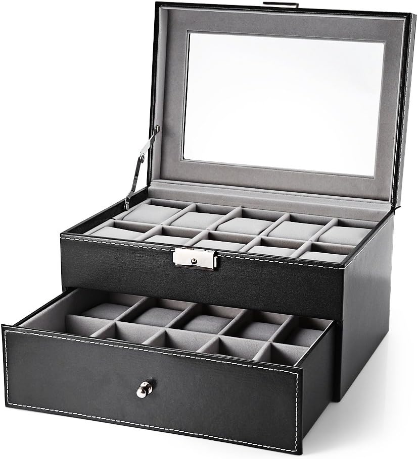 Wenquan,20 Grid Drawer PU Watch Display Box Jewelry Storage Manager(color:BLACK)