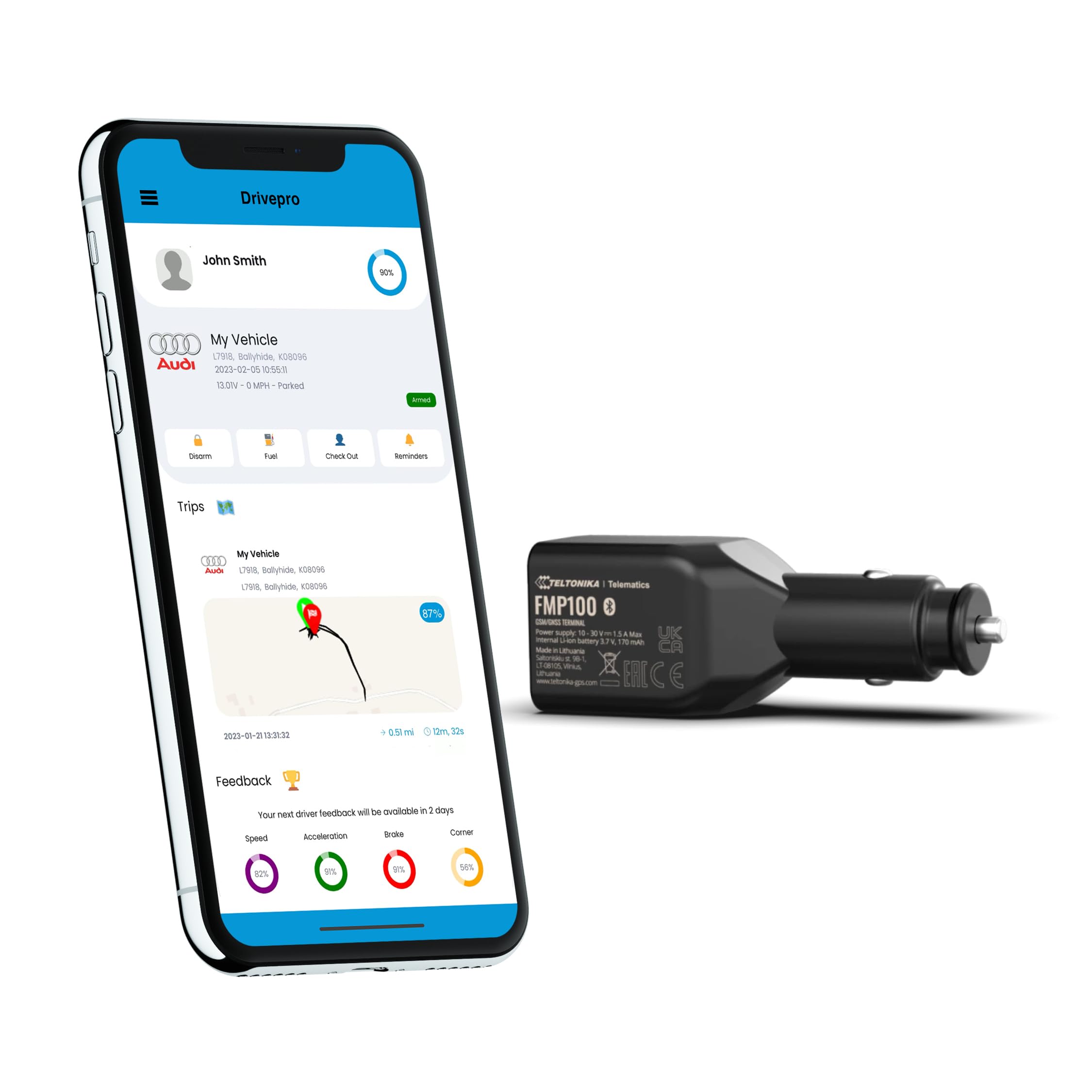 DrivePro FMP100 Plug and Go Tracker - Quick & Easy Install | 24/7 Accurate Real-Time Tracking for Car, Motorbike, Motorcycle, Van | USB Charger | No Tools | 12 Months PRO
