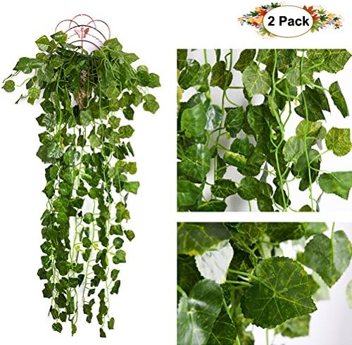 2 Pcs 35" Artificial Green Ivy Vine Leaves Garland Plants Fake Foliage Home Garden Wall Stairway Party Wedding (Grape Leaf)