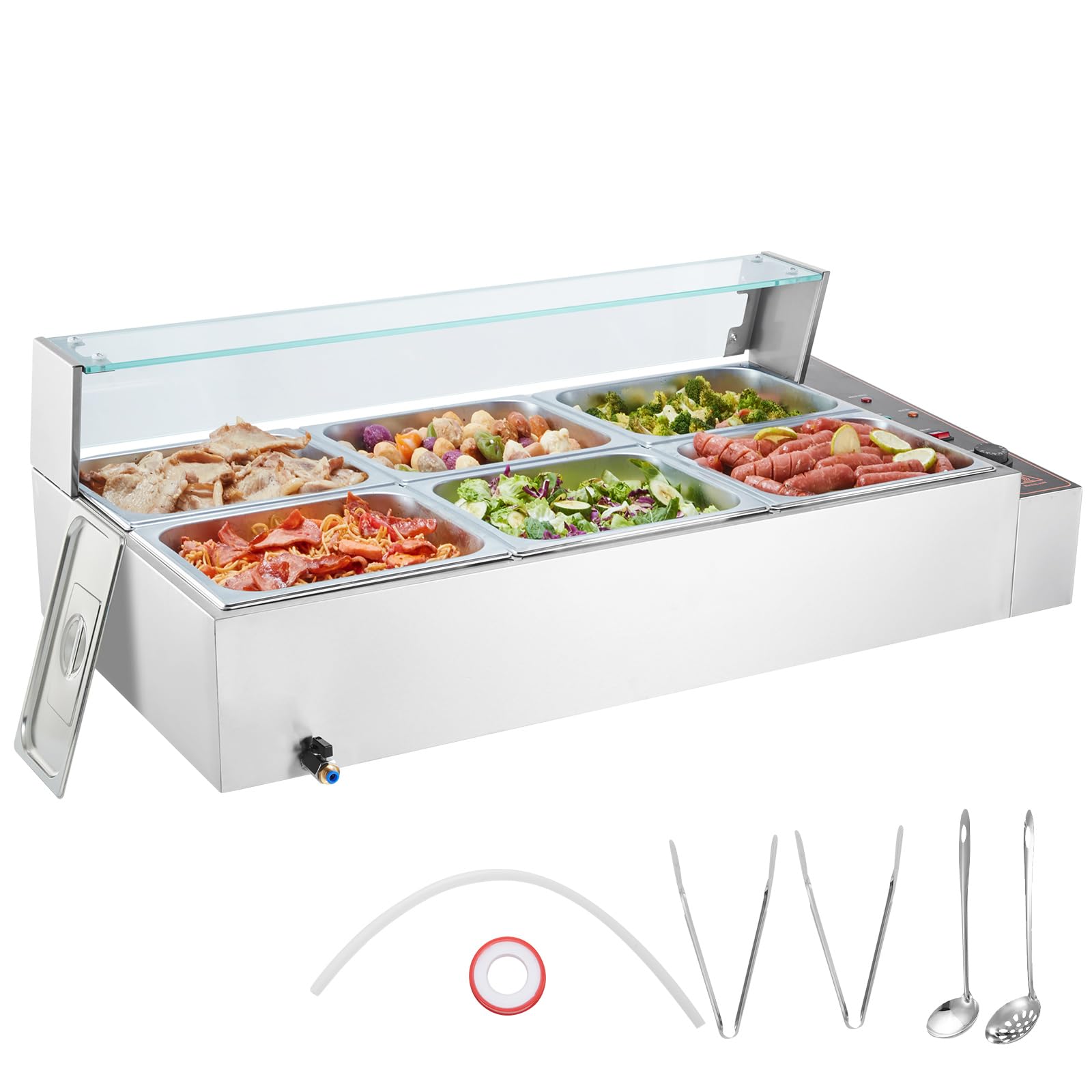 Photo 1 of *****IT WORKS WELL****** VEVOR 6-Pan Commercial Food Warmer, 6 x 8QT Electric Steam Table with Glass Cover, 1500W Countertop Stainless Steel Buffet Bain Marie 86-185°F Temp Control for Catering, Restaurants, Silver