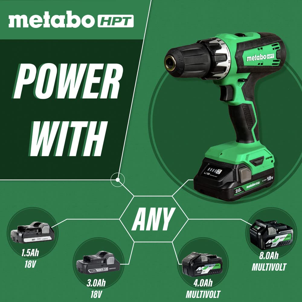 Metabo HPT 18V Cordless Drill Driver Kit, 1/2-Inch Keyless Chuck, Compact Power Drill Driver with 2.0Ah Lithium-Ion Metabo Battery, Charger and Bag, Powerful 470 in-lbs Torque, Two Speed Gear, DS18DFX