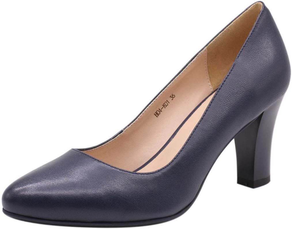 JARO VEGALeather Pumps for Women, Almond Toe Slip On High Chunky Heel Dressy Shoes
