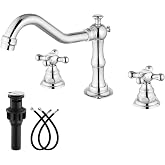 gotonovo Bathroom Faucet 3 Hole Vintage, Polish Chrome, Hot Cold Label | Widespread Bathroom Sink Faucet 8 Inch 2 Cross Handles,Pop Up Drain,cUPC Supply Line,4-15.7&rdquo; Install,for Vanity Farmhouse RV