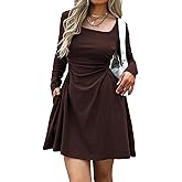 Mieazom Women's Square Neck Long Sleeve Mini Dress Ruched Waist Corset Fall Dresses Slim-Fit with Pockets