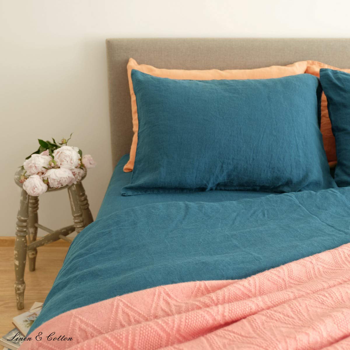 Linen & Cotton Pillowcase ALICIA, 100% Stonewashed Linen - 50 x 70cm (Petrol Blue)