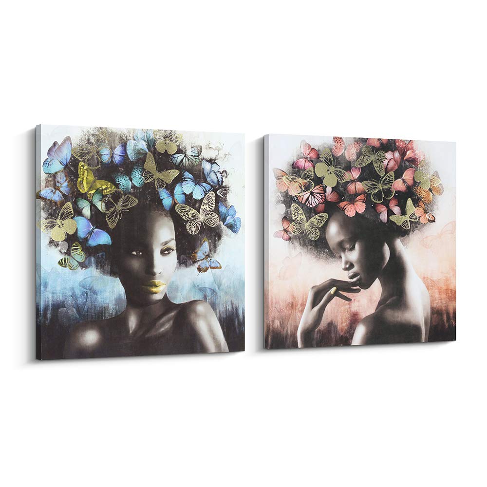 Pi Art Framed African American Canvas Wall Art, Gold and Black Art Women with Butterflies Modern Wall Painting for Home Decor (24x24 inch, A and B)