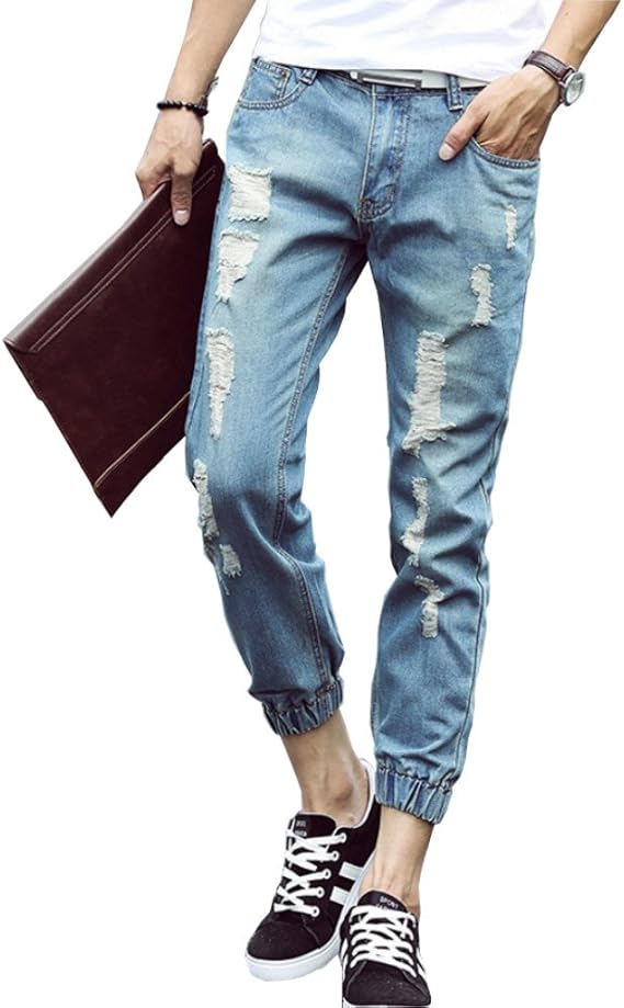 Amazon ニャンドゥー Nyan Deux メンズ デニム ジョガーパンツ ダメージ ジーンズ 9分丈 スリム スキニー クロップド パンツ ジーンズ 通販