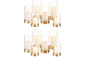 Hewory Hurricane Candle Holder for Pillar Candles: Gold Votive Candle Holders Set of 12, Glass Hurricane with Metal Candle Plate, Pillar Candle Holder for Table Centerpiece Wedding Holiday Home Decor