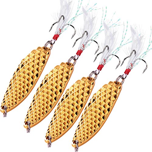 Sougayilang Spoons Hard Fishing Lures Treble Hooks Salmon Bass Metal Fishing Lure Baits Pack of 5pcs (Gold)