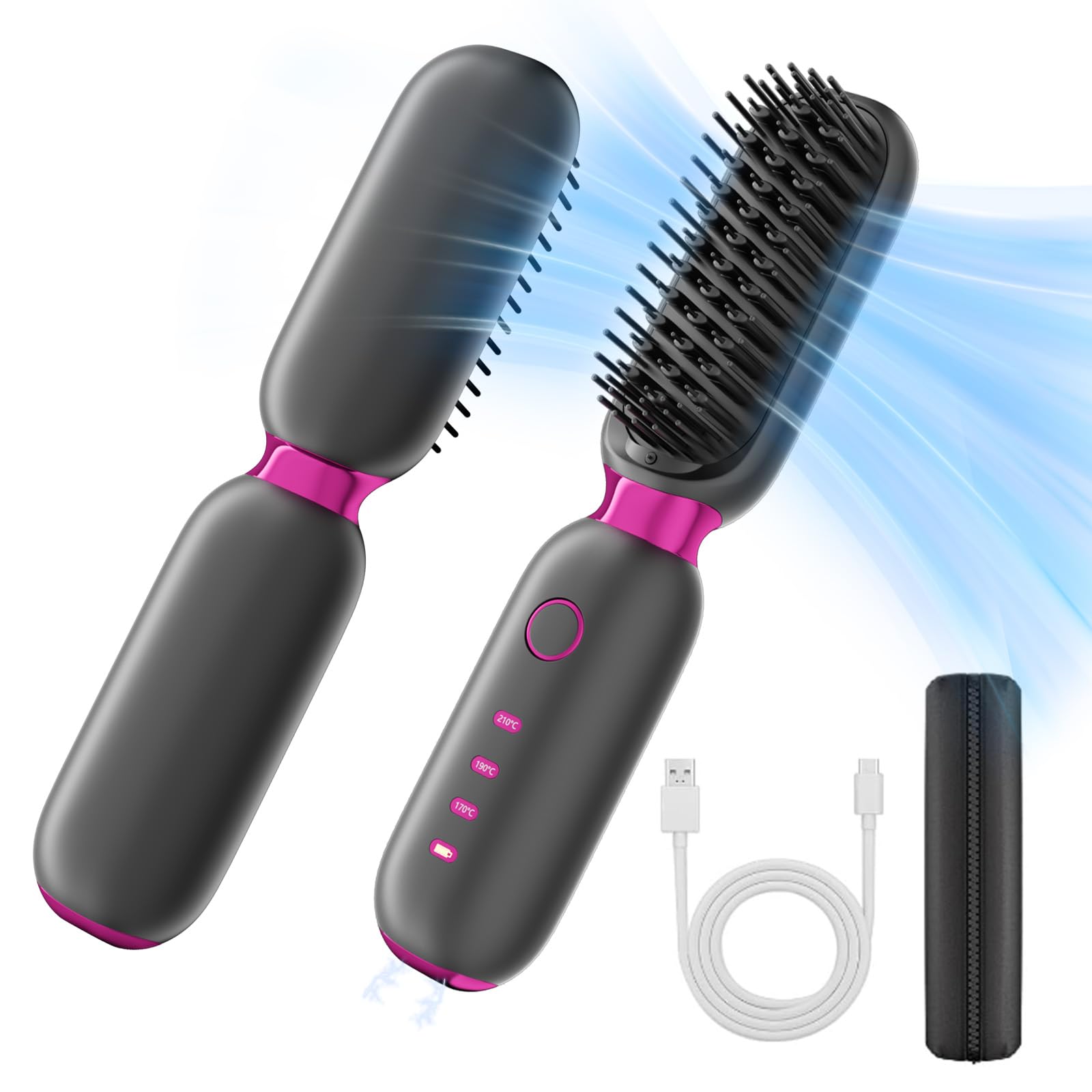 Cordless Hair Straightener Brush, OBEST 6000mAH Mini Portable Travel Wireless Straightener, 2 in 1 Negative Ion Hair Straightener Comb, Type-C Rechargeable Anti-Scald Fast Heating & 3 Temp Settings
