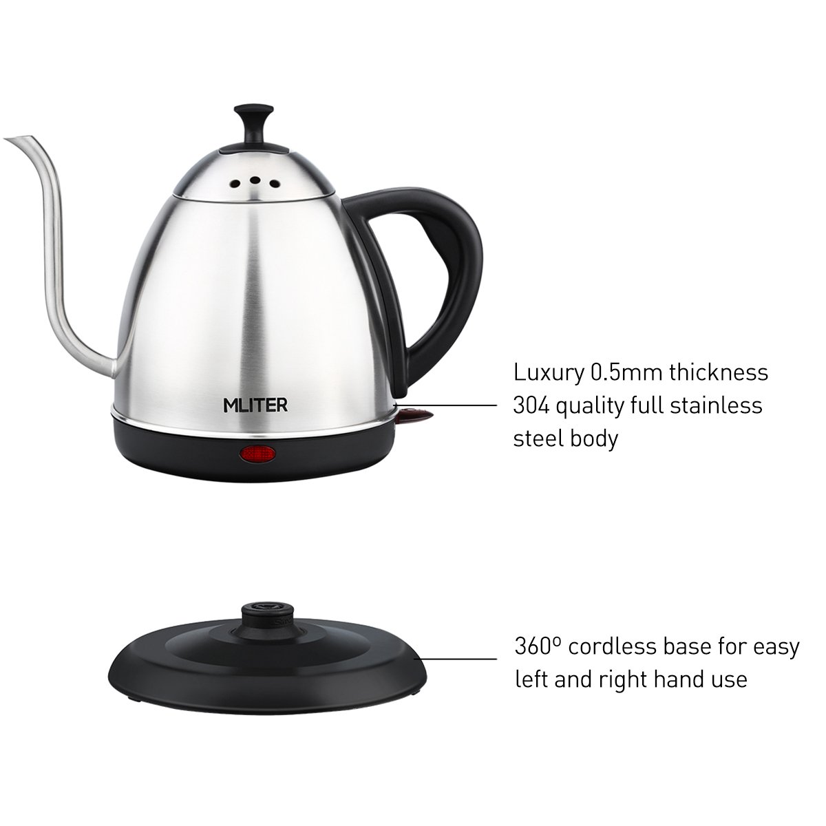 MLITER Electric Gooseneck Kettle Cordless Stainless Steel Drip Kettle