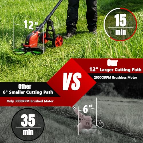 20000 RPM Electric Weed Wacker with Wheel,12″ Brushless Cordless Weed Eater Battery Powered, 4-in-1 Brush Cutter/String Trimmer/Grass Edger/Lawn Mower,Stringless Weed Trimmer 2 Battery (Red)