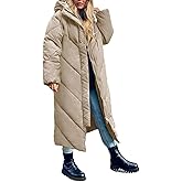 Flygo Womens Long Puffer Coat Long Sleeve Padded Winter Down Coats Hooded Parka Jacket(Khaki-M)