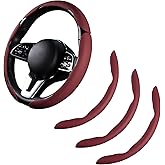 Car Steering Wheel Cover Leather Snap On 3Pcs Set Non-Slip Protector Wrap Steering Wheel Accessories 14.5-15 inch Universal Wine Red