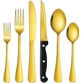 24-Piece Gold Silverware Set with Steak Knives Stainless Steel Flatware Set for 4 Food Grade Tableware Cutlery Set Rust-proof, Mirror Polished, Dishwasher Safe