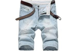 SHOOYING Men's Ripped Denim Shorts, No Belt