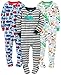 Simple Joys by Carter's Baby Boys' 3-Pack Snug Fit Footed Cotton Pajamas, Blue Firetruck/Grey Stripe/White Dinosaur, 18 Months