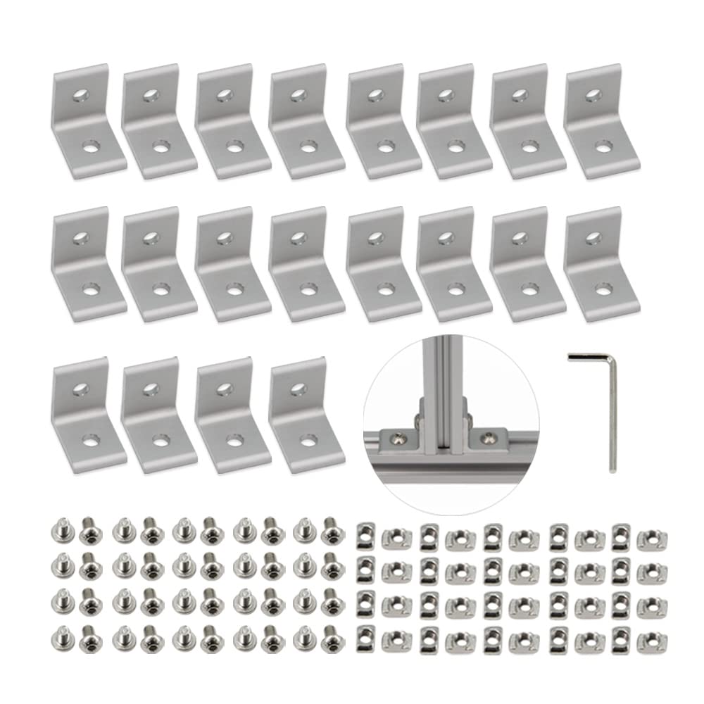 Yeebyee Inside Corner Bracket Gusset 2 Hole with M5 Screws and T-Nuts, 25mm x 25mm for 6mm Slot 2020 Series Aluminum Extrusion Profile,20pcs/Pack (2020 Series-Silver)