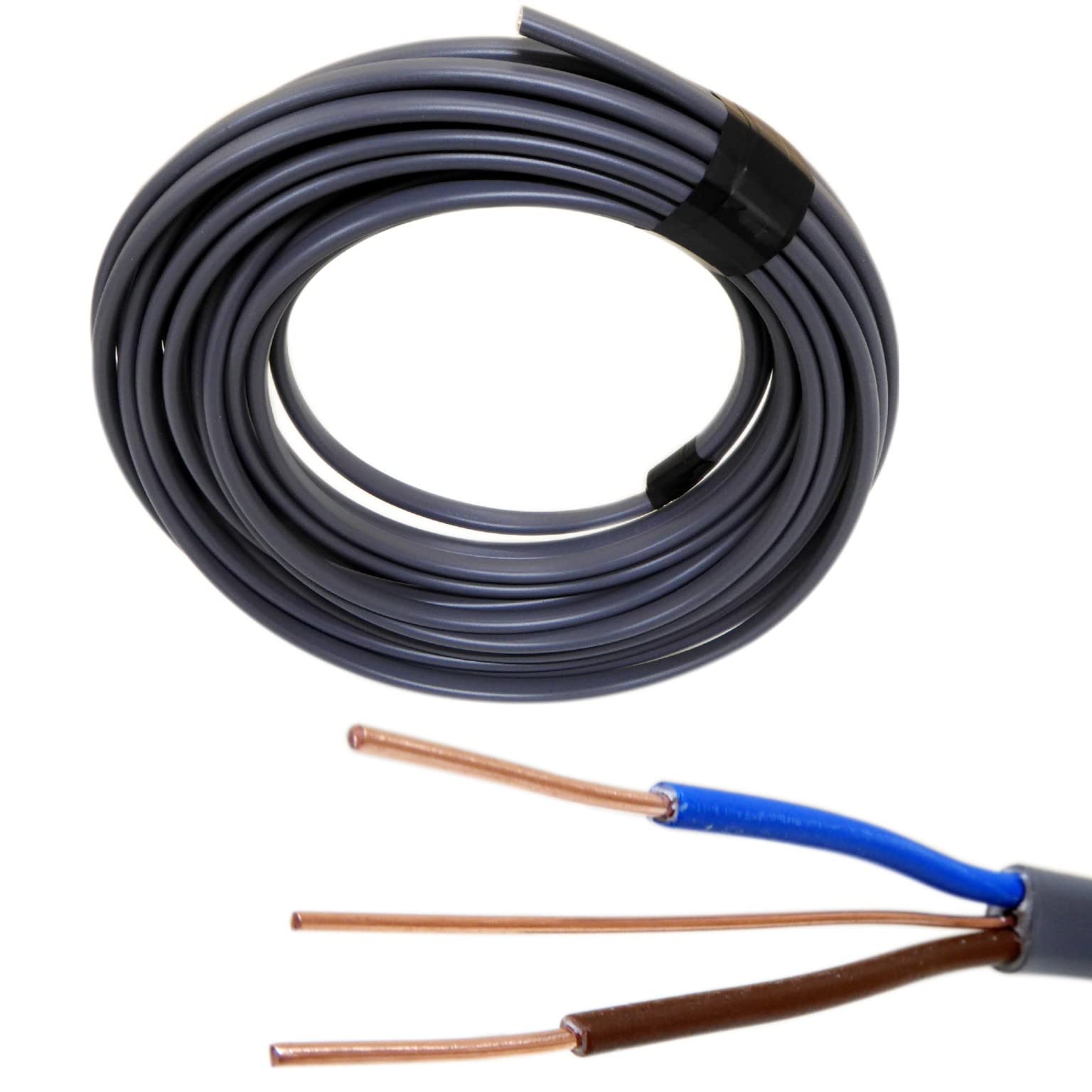 10 Metre 2.5mm² Twin & Earth Cable, Flat Grey, Solid Copper Wire, Brown, Blue and Bare Earth BASEC Approved – For Sockets, Ring Main, Radial Socket Circuits