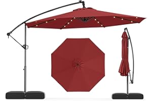 Tangkula 10ft Solar Patio Umbrella with Base Included, Offset Cantilever Outdoor Umbrella with 32 LED Lights, Infinite Tilt, 