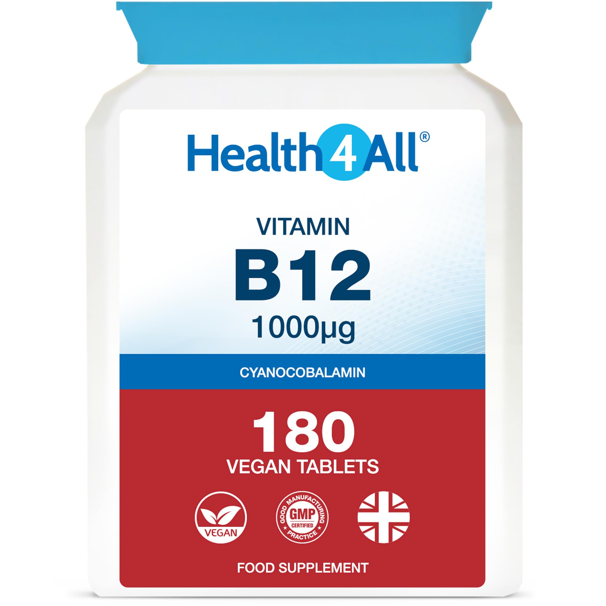 Health4All Vitamin B12 Cyanocobalamin 1000mcg 180 Tablets 6 Months Supply, High Strength VitB12 Supplement, Contributes to The Reduction of Tiredness and Fatigue, Vegan & Gluten-Free | Made in UK