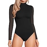 MANGOPOP Women's Mock Turtle Neck Bodysuit Mesh Long Sleeve Body Suit Sexy Sheer Going Out Tops