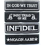 4 pcs Tactical Velcro Patch Set - In GOD We Trust, Don't Tread on Me, Molon Labe, Infidel Moral Decorative Embroidered Badge appliques (Black)