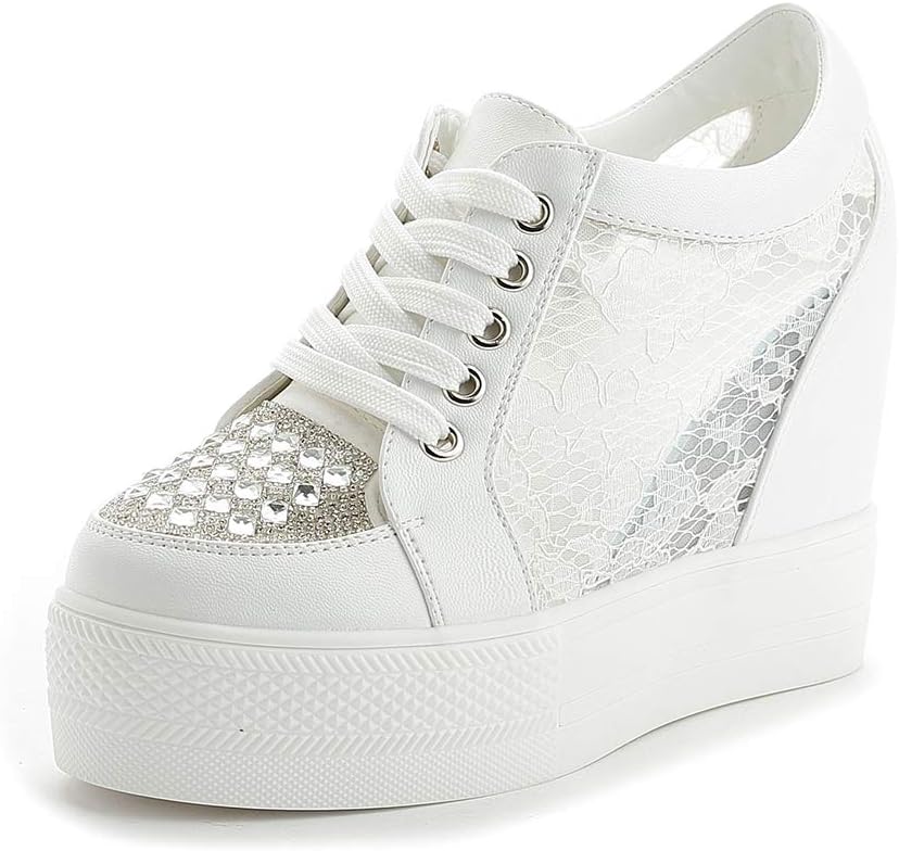 PP FASHION Women's Low Top Mesh Lace Hidden Heel PU Wedges Platform Sneakers