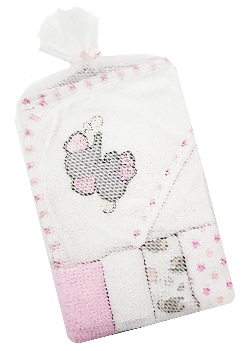 Baby Girl Boy Hooded Towel Flannel Face Cloths Wash Bath Time 5 Piece Set (Pink)