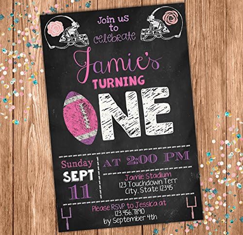 Pink Football Chalkboard Style Custom Birthday Invitation - All Star Sports Themed Party Invite - Personalized