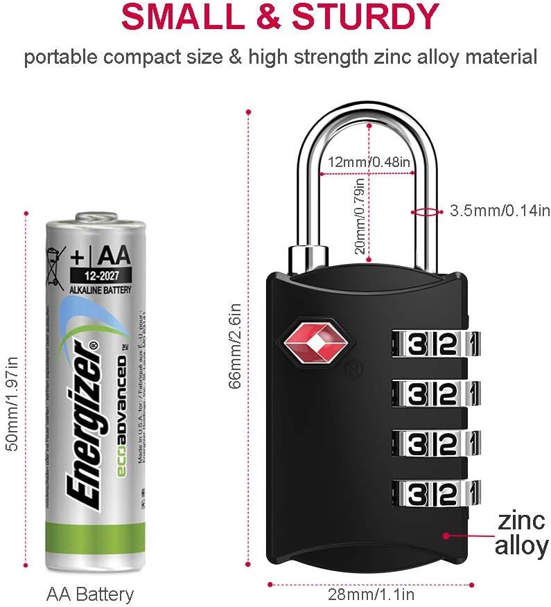 TSA Approved Luggage Lock, Travel Lock, 4 Digit Combination Lock for Suitcase, Backpack and Handbag Zippers, Small Padlock for School Gym Locker, Cabinet, Drawer, Easy Read Dials with Alloy Body - - 