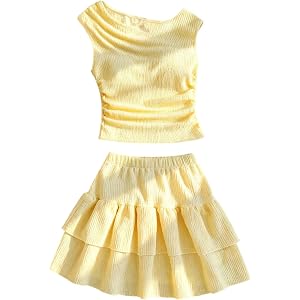 Verdusa Girl's 2 Piece Matching Sets Ruched Tank Tops with Layered Ruffle Skirt Summer Chic Outfits