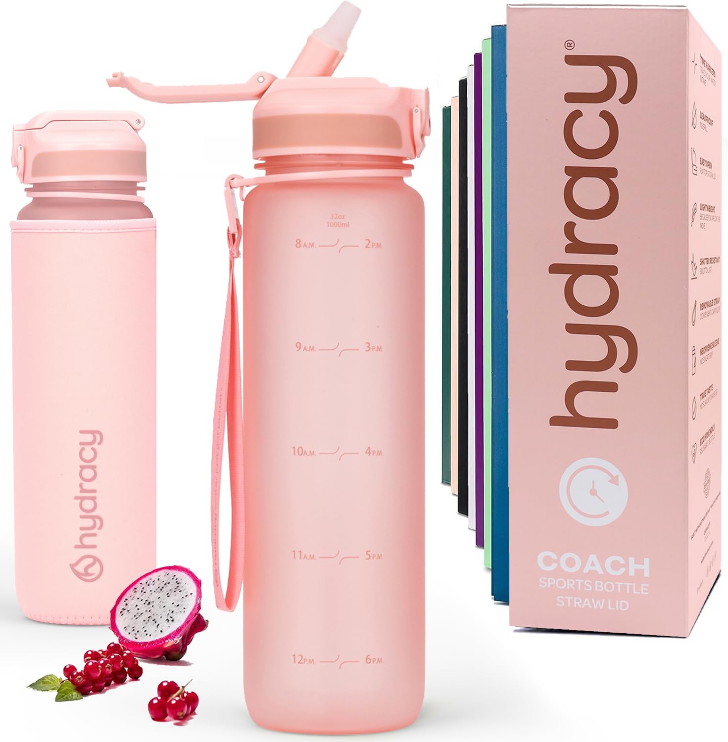 Hydracy Water Bottle with Times to Drink & Straw - Large 1 Litre BPA Free Motivational Water Bottle & No Sweat Sleeve -Leak Proof Gym Bottle with Time Marker - Ideal for Fitness, Sports & Outdoors