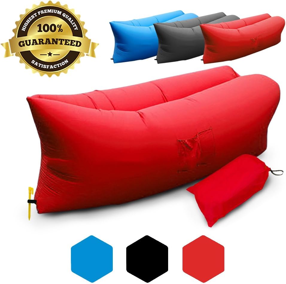 Inflatable Laybag Hangout Lounger Nylon External Internal PVC Waterproof Air Bag, Inflates in Seconds, Easy To Use, Bean Bag, Air Hammock, Original Beach Sofa With Side Pockets (red)