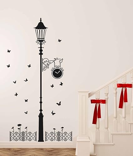 Decals Design Black Antique Street Lamp with Butterflies Wall Sticker (PVC Vinyl, 60 cm x 90 cm x 1 cm, Black)