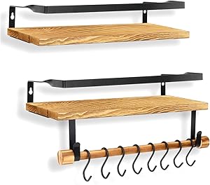 Hcoolfly Floating Shelves Wall Mounted, Rustic Solid Wood Wall Shelf Set of 2 for Bathroom, Kitchen, Living Room, Bedroom, Office