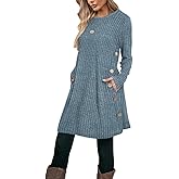 Poetsky Women Long Sleeve Tunic Tops to Wear with Leggings Side Buttons Long Shirts Rib Sweater Dress with Pockets S-3XL
