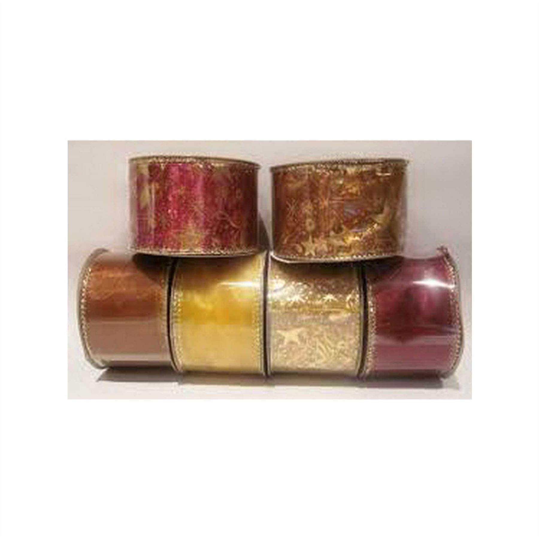 Set of 6 Rolls of Wired Christmas Ribbon - Gold, Bronze and Dark Red Gifts Decorations Home Decorations DIY Craft Festive Floral