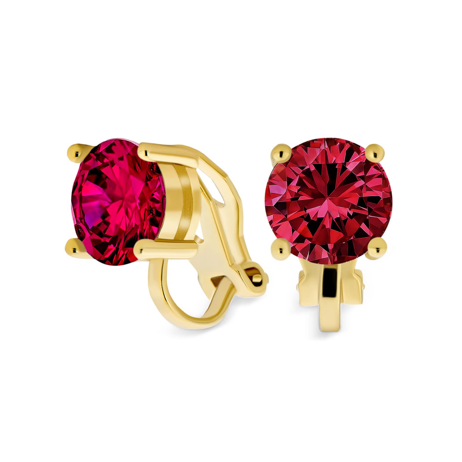 Red Pink Brilliant Cut Solitaire Round Cubic Zirconia CZ Clip On Stud Earrings Simulated Ruby Gold Plated Brass — image 1